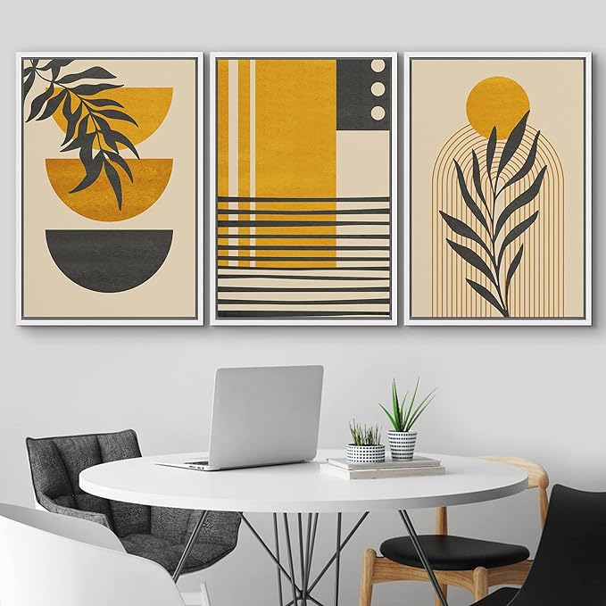 IDEA4WALL Framed Canvas Print Wall Art Set Geometric Mid-Century Jungle Safari Leaf Polygons Abstract Shapes Illustrations Modern Art Nordic for Living Room, Bedroom, Office - 24"x36"x3 White