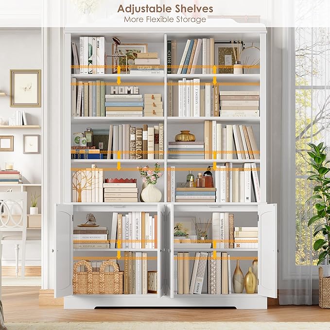 FACBOTALL 73.1" Tall Bookcase and Bookshelf, Wide Bookshelfs with Doors and Adjustable Shelves, 6 Tier Large Bookshelf with Storage, Tall Storage Cabinet for Living Room, Home Office, White