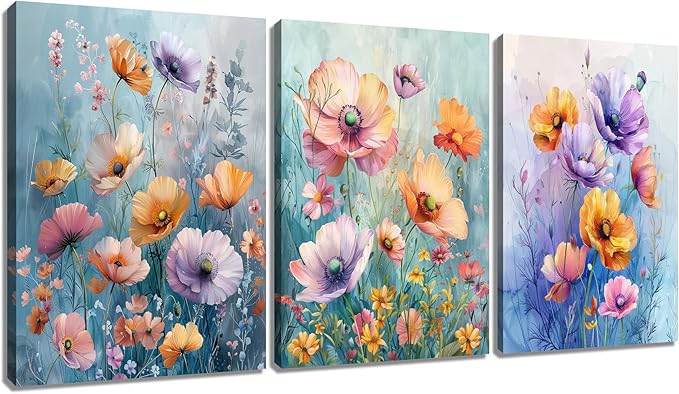 Colorful Floral Poster Wall Art 3 Pieces Abstract Farmhouse Botanical Wildflower Daisy Wooden Framed Print on Canvas Painting Artwork for Living Room Gym Hotel Office Ready to Hang [60''W x 28''H]