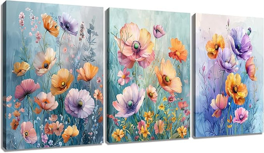 Colorful Floral Poster Wall Art 3 Pieces Abstract Farmhouse Botanical Wildflower Daisy Wooden Framed Print on Canvas Painting Artwork for Living Room Gym Hotel Office Ready to Hang [60''W x 28''H]