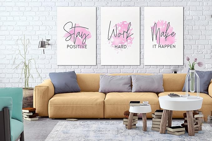 SHMAO Pink Office Canvas Wall Art Motivational Wall Decor, 3 Piece Stay Work Make Print Pictures for Office Wall Decor Women Inspirational Framed Artwork Home Office Decor 24”x36”x3 Panels