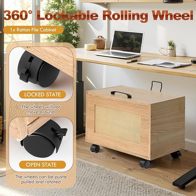 Rattan File Cabinet Hanging File Organizer Box with Lid Rolling Wicker Filing Cabinet for Home Office for Letter/Legal Size