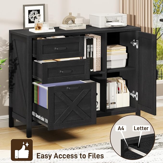 Farmhouse Lateral Filing Cabinet, Lateral File Cabinet with 3 Drawers and Cabinet, Large Printer Stand with File Drawer for Letter/A4 Size Hanging Files for Home Office, Rustic Black