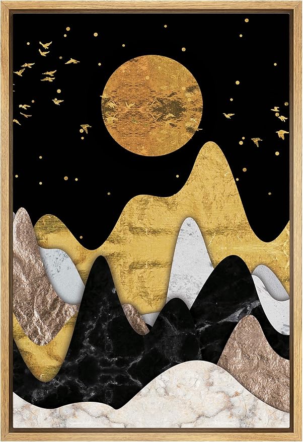 SIGNFORD Framed Canvas Print Wall Art Golden Moon with Birds Above Wavy Mountains Abstract Wilderness Illustrations Modern Art Contemporary Scenic for Living Room, Bedroom, Office - 16"x24" Natural
