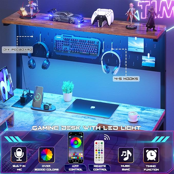 Homieasy Small Gaming Desk with Power Outlets Pegboard LED Light, 51 Inch L Shaped Computer Desk with Monitor Stand Storage Shelves, Reversible Corner Desk with Headset Hooks, Rustic Brown