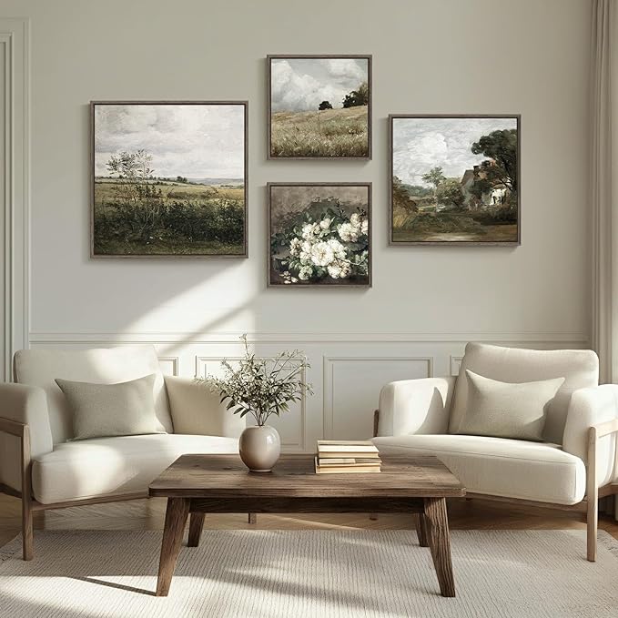 4 Piece Framed Vintage Landscape Wall Art for Living Room, Large Rustic Farmhouse Canvas Pictures Artwork for Walls, French Country Botanical Prints Paintings for Bedroom and Dining Room Wall Decor