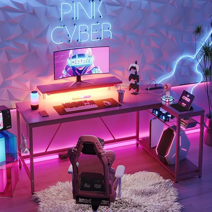Bestier L Shaped Gaming Desk with Power Outlets,58 LED Small Corner Desk with Reversible Storage Shelves,Pink Computer Desk with Headset Hooks Desk for Living Room and Dormitory