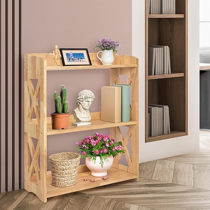Wooden 3 Tier Bookshelf, Small Wood Bookcase Storage Shelf, Open Shelf Organizer for Bedroom, Living Room and Office (Natural, 3 Tier)