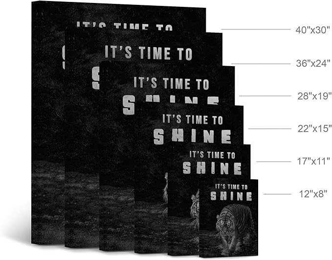 Smile Art Design It's Time to Shine Black and White Tiger Motivational Wall Art Canvas Print Inspirational Wall Art Entrepreneur Quote Modern Office Living Room Decor Gift Ready to Hang 40x30