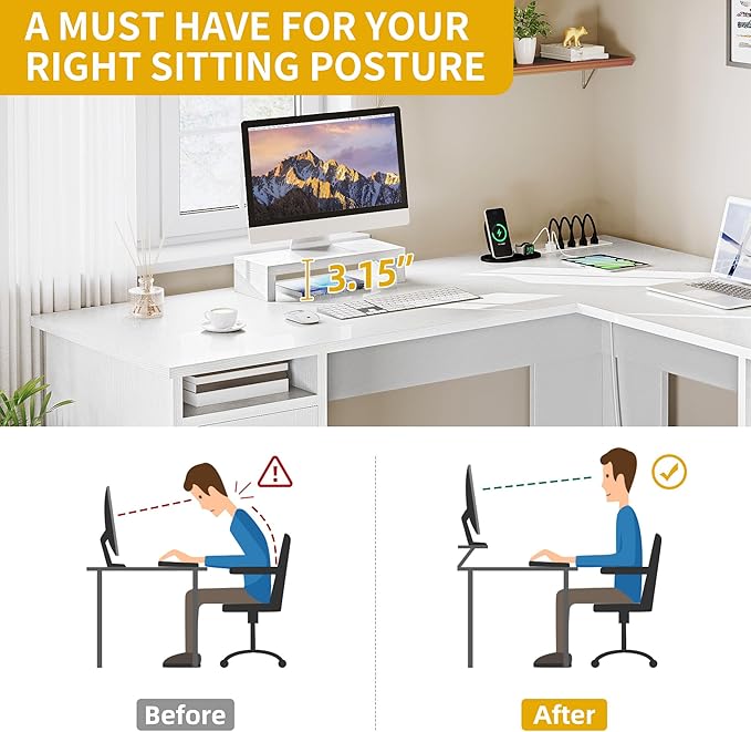 DWVO L Shaped Desk with File Drawer, 60" Corner Computer Desk with Power Outlets, Home Office Desk with Monitor Stand & Storage Shelves & File Cabinet, White