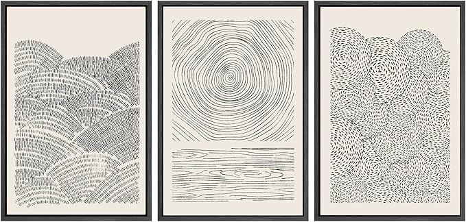 SIGNWIN Framed Canvas Print Wall Art Set Geometric Spiral Ring Wave Pattern Abstract Shapes Cozy Neutral Modern Art Decorative Contemporary Minimal for Living Room, Bedroom, Office - 24"x36"x3 Black