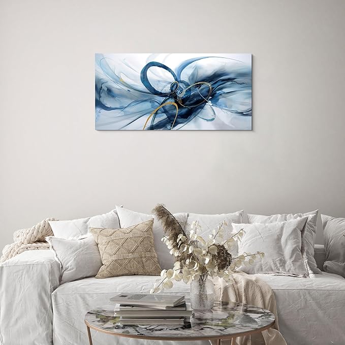 XLSJERST Abstract Wall Art for Living Room - Large Canvas Picture Blue and White Modern Minimalism Horizontal Artwork for Bedroom Office Home Decoration - 40x20 Inches