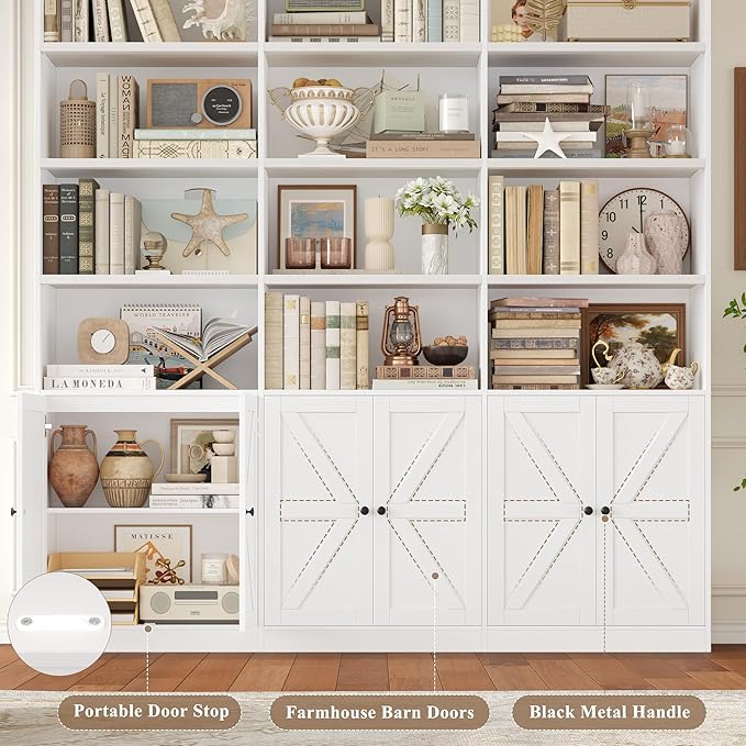 FACBOTALL 75" Triple Wide Bookshelf, White Bookshelf and Bookcase with 6 Farmhouse Doors, 71" Wide 6 Tier Book Shelf with 18 Storage Shelves, Large Wooden Bookshelves, Tall Bookcase for Office, White