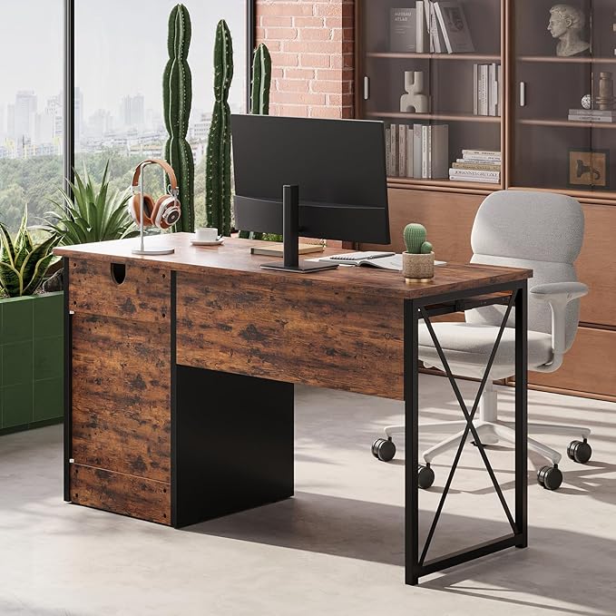 Bestier 47" Computer Desk with Drawers, Home Office Desk with Keyboard Tray, Reversible Industrial Office Desk with Storage Cabinet for Small Space Home Office & Studio, Rustic Brown