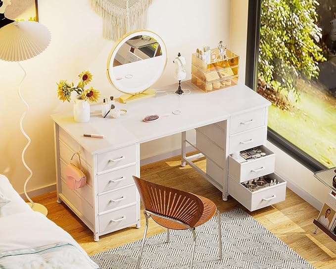ODK 48 Inch Vanity Desk with 8 Fabric Drawers, Modern Makeup Desk for Bedroom & Dressing Room with Large Storage, Ideal for Home Office, Study, Pure White