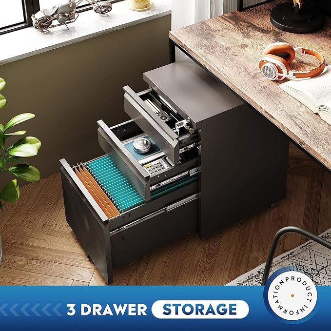 3 Drawer Mobile File Cabinet with Lock, Under Desk Metal Filing Cabinet for Legal/Letter/A4 File, Fully Assembled Except Wheels (Black)