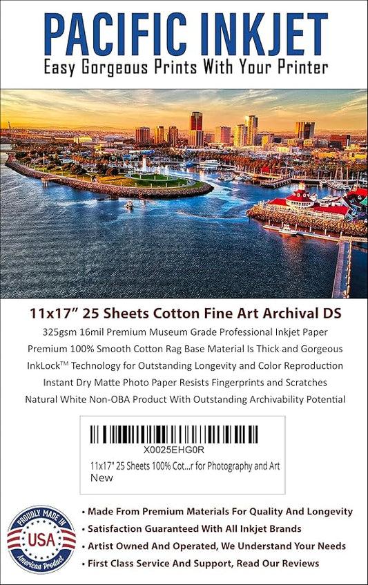 (11-x-17) 25 Sheets 100% Cotton Fine Art Matte Double Sided Inkjet Paper - 16mil 325gsm See Description for Compatibility Info Before Purchase - OBA Free Archival Grade Inkjet Media