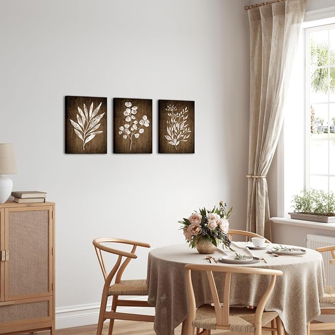 Conipit Rustic Botanical Wall Art Canvas Brown Botanical Painting Minimalist Vintage Leaf Plant Artwork Prints Framed For Living Room Bedroom Wall Decor 12''X16''X3pcs