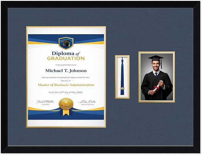 Diploma Tassel and Photo Frame Matte Black Shadowbox Navy Blue Over Gold Mat - Fits 11 x 14 Degree Picture Made in the USA