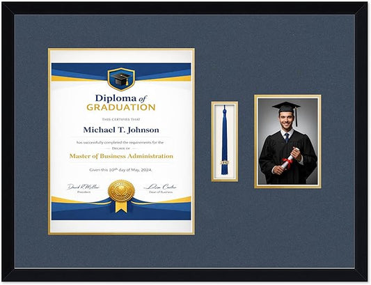 Diploma Tassel and Photo Frame Matte Black Shadowbox Navy Blue Over Gold Mat - Fits 11 x 14 Degree Picture Made in the USA