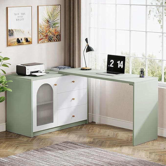 Tribesigns L-Shaped Computer Desk with Drawers, Modern Corner Home Office Desk with Reversible Storage Cabinet, Long Study Writing Desk Workstation for Home Office, Cyan & White