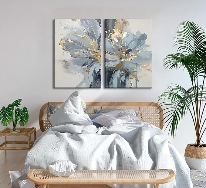 2Pcs Neutral Abstract Floral Canvas Wall Art Luxurious Light Blue Grey And Gold Flower Painting Pictures Wall Decor Poster Print Artwork for Living Room Bedroom Bathroom Home Decoration