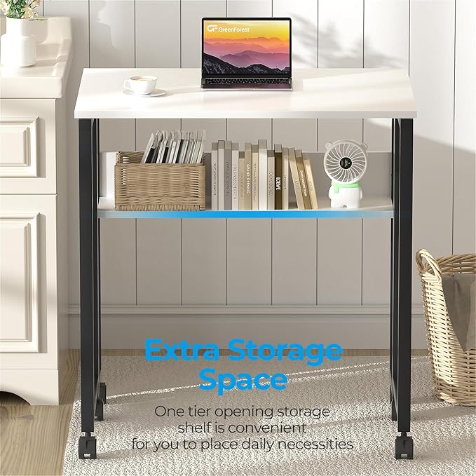 GreenForest Folding Desk Small Rolling Desk with Storage Shelf, 24.8 inch Foldable Computer Desk with Wheels for Small Space, Easy Assembly,White