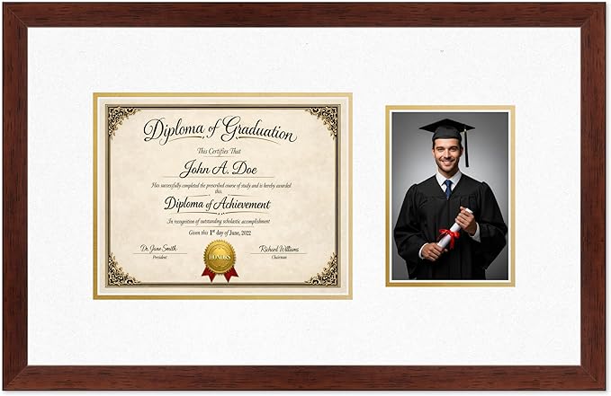 Diploma Frame With Photo Opening Rustic Walnut Oyster Shell Over Gold Mat - Fits 10 x 8 Degree and Picture Made in the USA