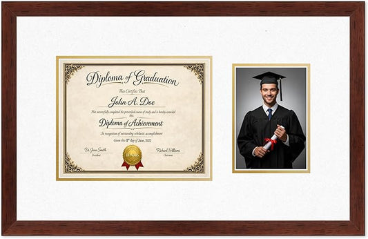 Diploma Frame With Photo Opening Rustic Walnut Oyster Shell Over Gold Mat - Fits 10 x 8 Degree and Picture Made in the USA