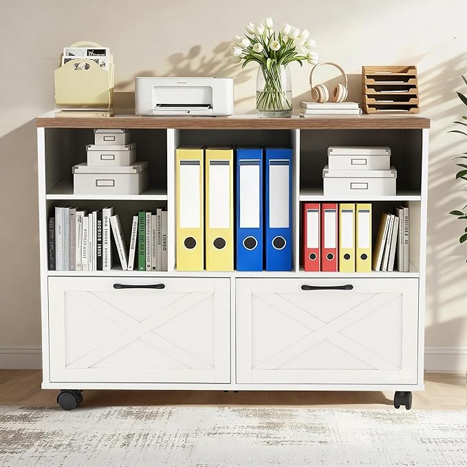 HOMREST 39.3" Lateral File Cabinet with Wheels, Farmhouse Wood File Cabinet with Drawers, Small Home Office File Cabinet with Thick Countertop, Rolling File Cabinet for Legal/Letter/ A4 Size, White