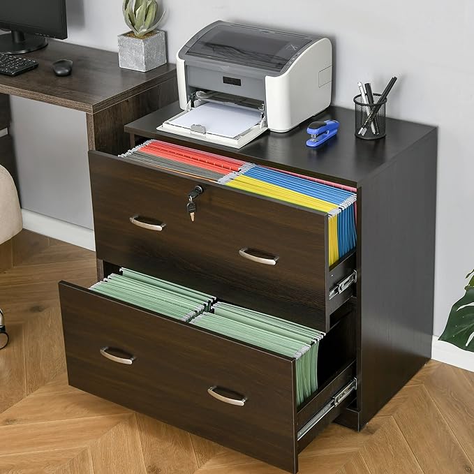 2 Drawer File Cabinet with Lock, Home Office Filing Organizer, for Letter Legal A4 Size Labeled Folders File Folder Storage, Wood Lateral Filing Cabinet (Walnut-D16.5*W29.25*H28.25in)
