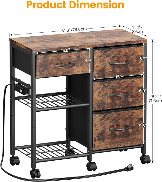 4 Drawer File Cabinet with Charging Station, Rolling Printer Stand Table with Open Storage Shelf, Mobile Fabric Filing Cabinet for Home Office, Rustic Brown