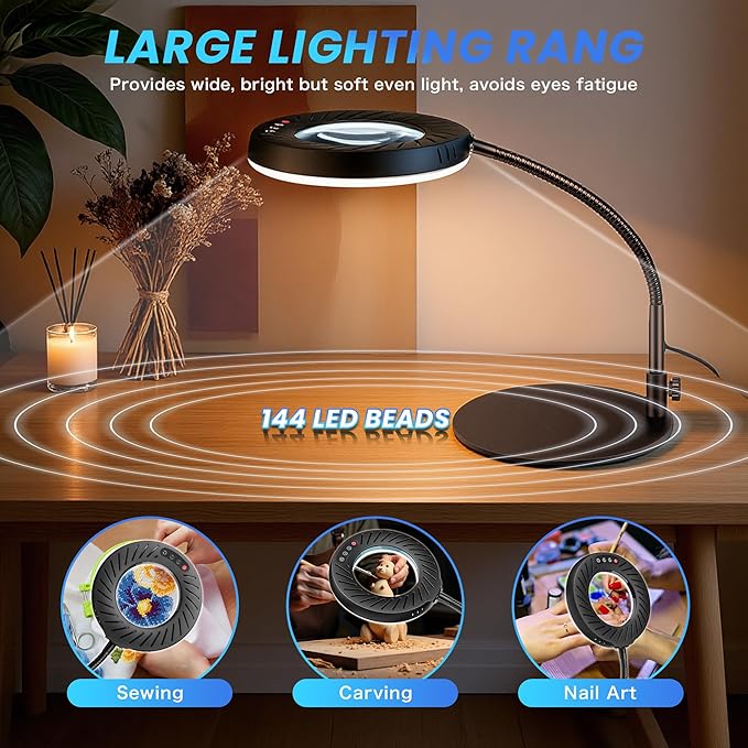 12X Magnifying Glass with Light and Stand, 144 LEDs Flexible Desktop Magnifying Lamp, 5 Color Modes 9 Dimmable Brightness, Metal Desk Magnifier Lamp for Craft Reading Painting Hobby Close Work