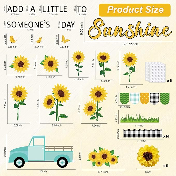 Spring Sunflower Truck Bulletin Board Decorations with 3D Tissue Paper Pompoms Sunflower Themed Plaid Borders Yellow Summer Sunflower Cutouts Back to School Teacher Supplies School Office Wall Decor