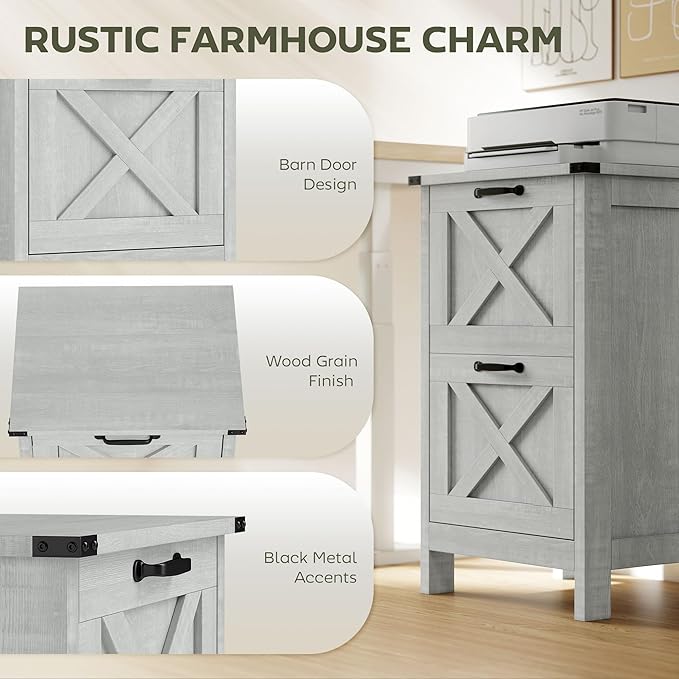 HOMCOM 2 Drawer Vertical File Cabinet with Silent Slides, Rustic Farmhouse Filing Cabinet with Barn Doors for A4/Letter Size, Printer Stand with Storage for Home Office, Distressed Light Gray