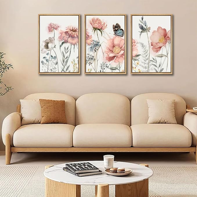 3pcs Pink Peony Floral Canvas Wall Art Butterfly Blossom Posters Prints Watercolor Bouquet Wall Decor Pictures For Living Room Classroom Bedroom Decoration Unframed