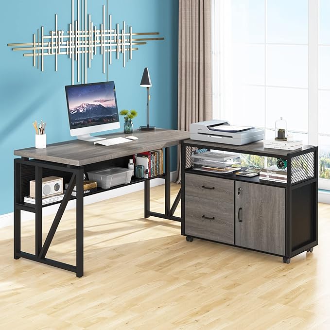 Tribesigns 55 inches Computer Desk with Bottom Storage Shelf Home Office Desk Writing Table for Workstation,Dark Walnut + Steel Leg， Cabinet not Included (Grey, 55-inch -with Shelf)