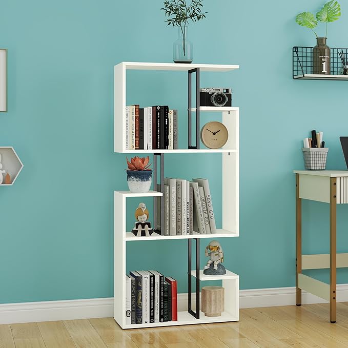 Manora 3 Tier Geometric Bookcase, S Shaped Bookshelf, Modern White Bookcase with Tall Display Shelves, Decorative Storage Shelf for Living Room and Bedroom