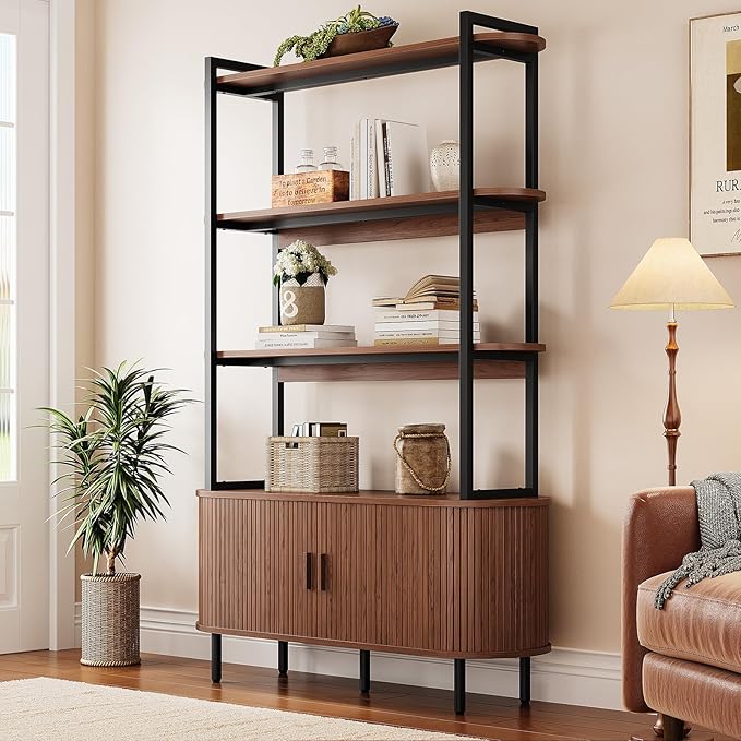 5 Tier Bookshelf with Fluted Cabinet, Tall Bookcase with Sliding Door, Metal and Wood Display Shelf, Free Standing Storage Shelving Unit, Corner Storage Organizer for Living Room, Home Office, Walnut