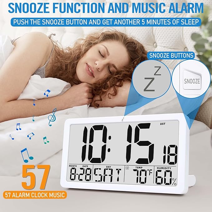 TXL Large Display Digital Wall Clock, Battery Operated with Temperature & Humidity, Auto DST, Date & Weekday, Easy Set Alarm, for Living Room, Bedroom, Office & Classroom (White)