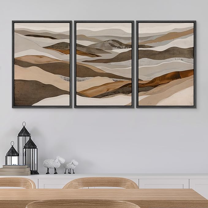 SIGNWIN Framed Canvas Print Wall Art Abstract Mountain Modern Minimalist Beige and Brown Layered Shape Nature Wilderness Modern Art Cool for Living Room, Bedroom, Office - 16"x24"x3 Black