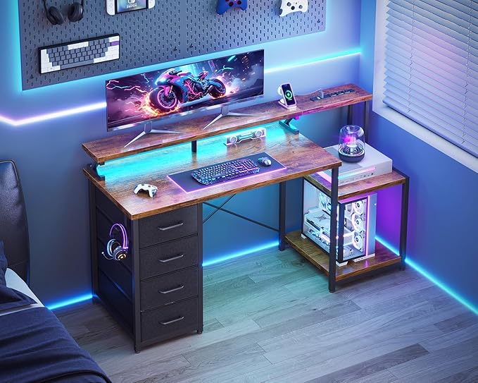 ODK 55 Inch Computer Desk with 4 Fabric Drawers & Power Outlets, Home Office Desk with Monitor Stand & Shelves, Brown