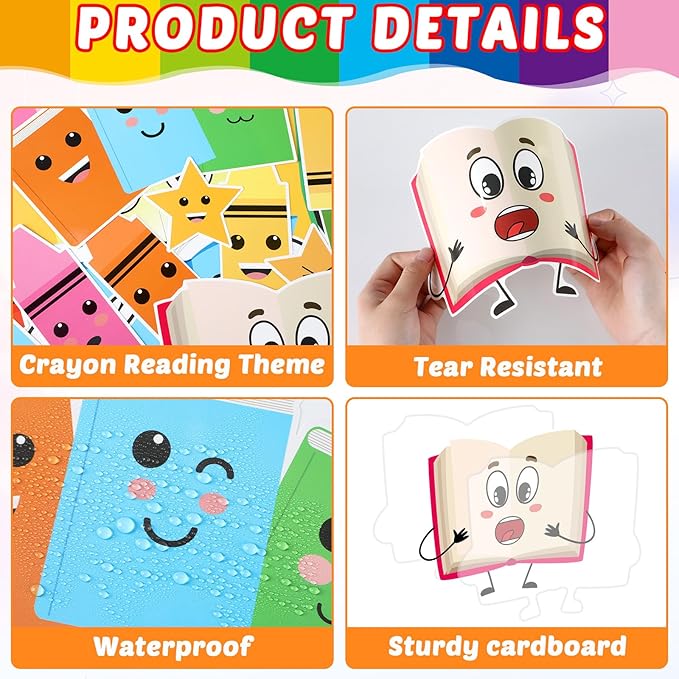 gisgfim Colorful Crayon Bulletin Board Decorations Reading Crayon Paper Cutouts Motivational Books Bulletin Board Set for Back to School Teacher Students Door Wall Chalkboard Decor Supplies