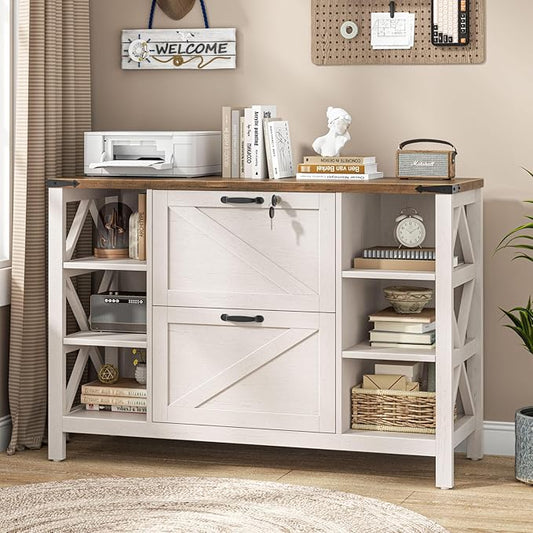 44" Lateral File Cabinet with Adjustable Shelves, Farmhouse 2 Drawer Filing Cabinet with Lock for Legal/A4/Letter, Wooden Printer Stand Office Furniture Storage Cabinets for Home Office, Rustic White