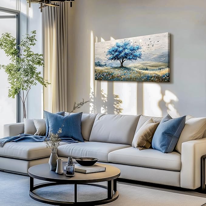 SERIMINO Tree of Life Landscape Wall Art, Blue Tree Aesthetic Large Artwork, Nature Botanical Decor Canvas Prints, Rustic Scenery Modern Pictures Wall Decor Living Room Bedroom Home Office 20"X40"