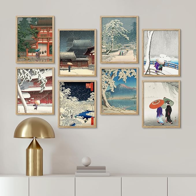 SIGNWIN Framed Poster Wall Art Set of Two Women in The Rain, Two Women in The Snow, Walking by a Temple on a Snowy Day for Living Room, Bedroom, Office - 11"x14"x 8 Natural