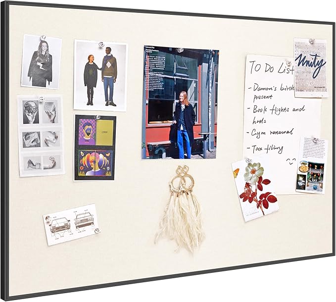 Bulletin Board 30 x 20 inches, Oatmeal White Pin Board Vision Board, Black Aluminum Framed Fabric Cork Board with 10 Push Pins, Black Framed
