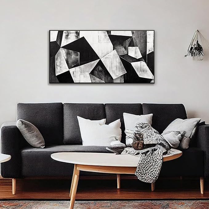 Black And White Abstract Wall Art Print Modern Canvas Art Wall Decor Abstract Wall Decor Geometric Color Block Canvas Artwork Paintings Modern Bedroom Office Home Artwork 20" X 40" With Framed