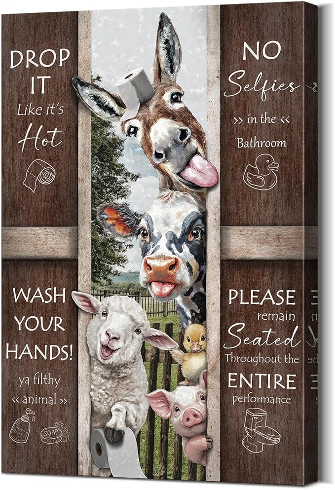YOUHONG Funny Bathroom Wall Art Funny Decor Bathroom Pictures Wall Decor Quote Canvas Horse Sheep Cow Painting Farmhouse Animal Posters with Built-in Wooden Frame, Lightweight for Room (28x40 Inch)