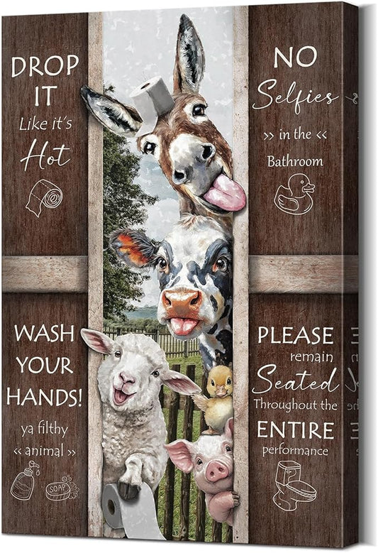 YOUHONG Funny Bathroom Wall Art Funny Decor Bathroom Pictures Wall Decor Quote Canvas Horse Sheep Cow Painting Farmhouse Animal Posters with Built-in Wooden Frame, Lightweight for Room (28x40 Inch)